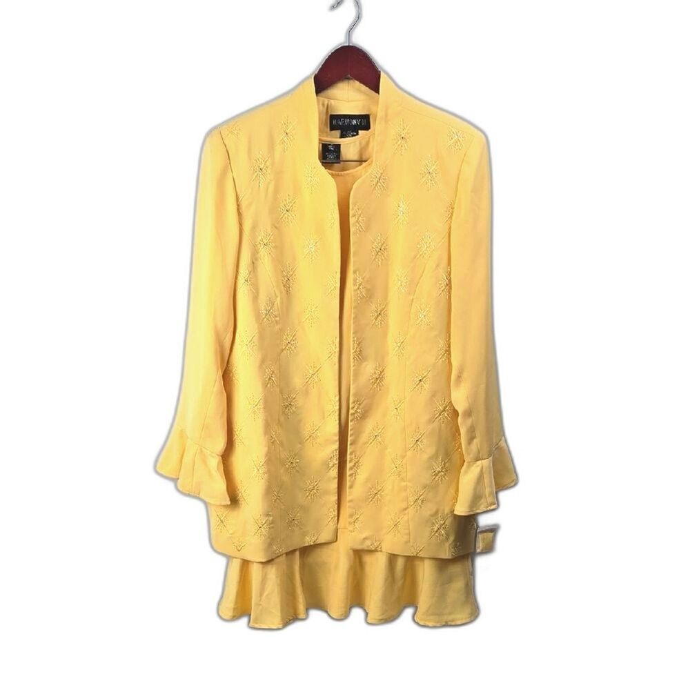 Harmony New York Yellow 3pc Embroidered Blazer Skirt Suit, Sz 14 Church Lady